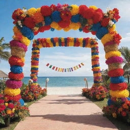 A vibrant and colorful arch design inspired by Philippine festivals, embellished with traditional decorations like banderitas (small flags), lanterns, and floral arrangements, set against a bright, sunny sky.