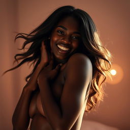 A captivating and sensual portrayal of a beautiful ebony woman, exuding confidence and allure, as she explores her own body with playful curiosity