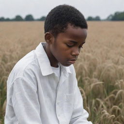 A detailed 2D sketch depicting a somber African American boy dressed in all white, hard at work in a field. His sadness is palpable, reflecting the hardships he endures.