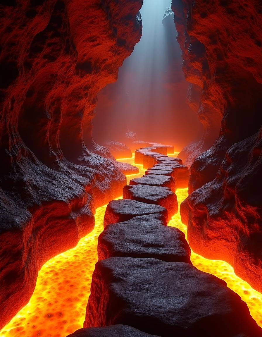 A stunning depiction of a lava cave filled with vibrant orange light radiating from molten lava