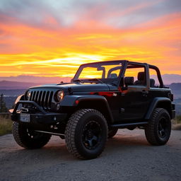 A sleek black jeep parked on a scenic overlook, showcasing its rugged design and shiny exterior