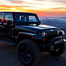 A sleek black jeep parked on a scenic overlook, showcasing its rugged design and shiny exterior