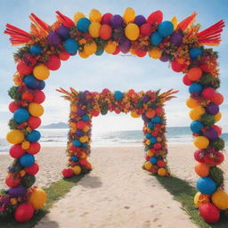 A vibrant and colorful arch design inspired by Philippine festivals, embellished with traditional decorations like banderitas (small flags), lanterns, and floral arrangements, set against a bright, sunny sky.