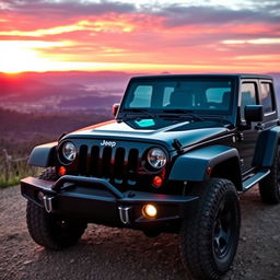 A sleek black jeep parked on a scenic overlook, showcasing its rugged design and shiny exterior