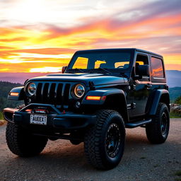 A sleek black jeep parked on a scenic overlook, showcasing its rugged design and shiny exterior