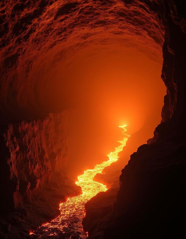 Eine beeindruckende Lavahöhle, erfüllt von einem leuchtend orangefarbenen Licht, das von der glühenden Lava ausgeht