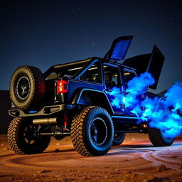 A striking black jeep featuring Lamborghini-style gullwing doors, displaying its unique and sporty modification