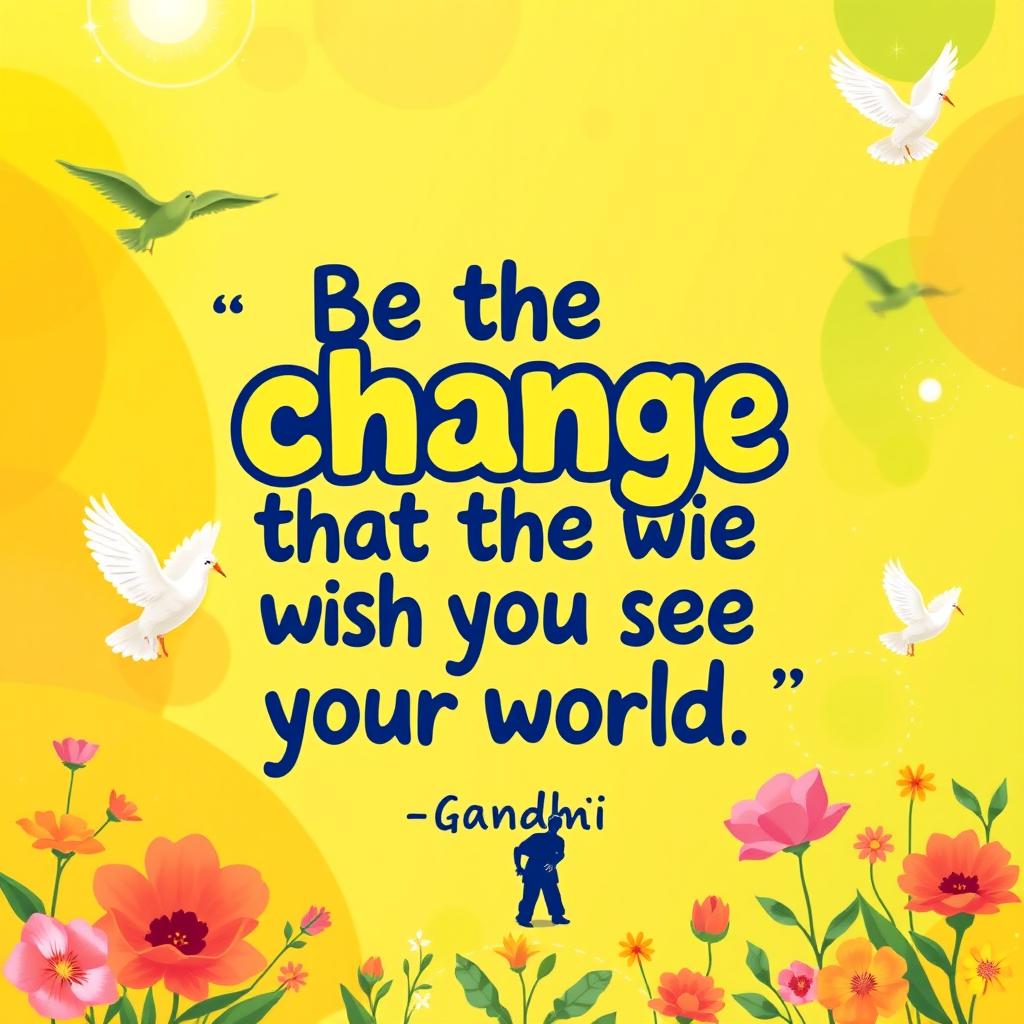 A vibrant 16:9 card featuring the quote by Gandhi, 'Be the change that you wish to see in the world' prominently displayed in a bold, playful font