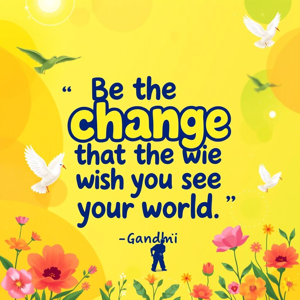 A vibrant 16:9 card featuring the quote by Gandhi, 'Be the change that you wish to see in the world' prominently displayed in a bold, playful font