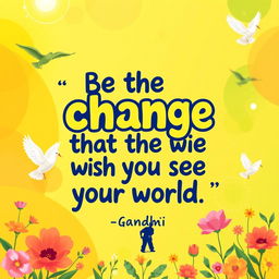 A vibrant 16:9 card featuring the quote by Gandhi, 'Be the change that you wish to see in the world' prominently displayed in a bold, playful font