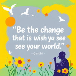 A vibrant 16:9 card featuring the quote by Gandhi, 'Be the change that you wish to see in the world' prominently displayed in a bold, playful font