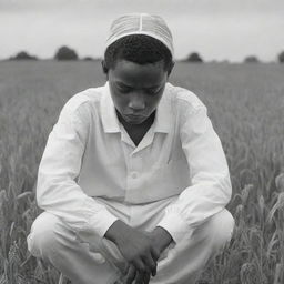 A detailed 2D sketch depicting a somber African American boy dressed in all white, hard at work in a field. His sadness is palpable, reflecting the hardships he endures.