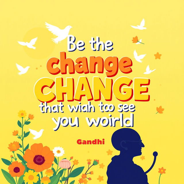 A vibrant 16:9 card featuring the quote by Gandhi, 'Be the change that you wish to see in the world' prominently displayed in a bold, playful font