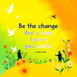 A vibrant 16:9 card featuring the quote by Gandhi, 'Be the change that you wish to see in the world' prominently displayed in a bold, playful font