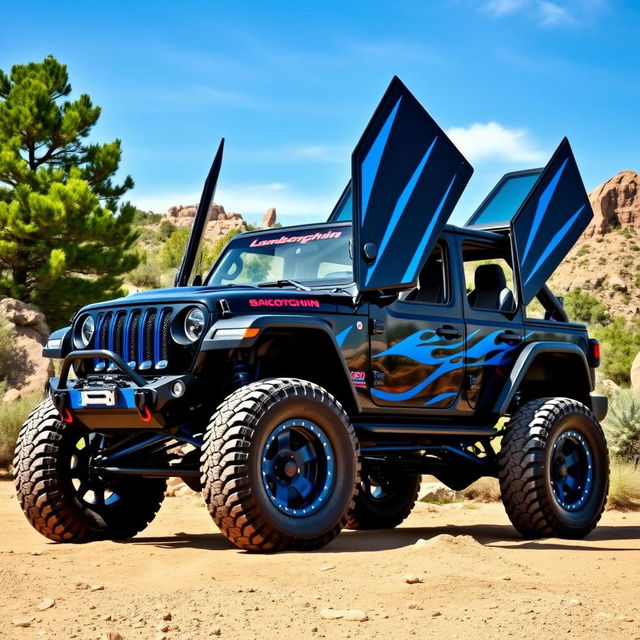 An eye-catching black and blue jeep featuring Lamborghini-style gullwing doors, showcasing an innovative and sporty design