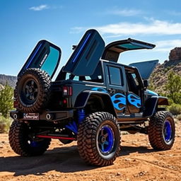 An eye-catching black and blue jeep featuring Lamborghini-style gullwing doors, showcasing an innovative and sporty design