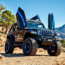 An eye-catching black and blue jeep featuring Lamborghini-style gullwing doors, showcasing an innovative and sporty design