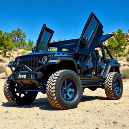 An eye-catching black and blue jeep featuring Lamborghini-style gullwing doors, showcasing an innovative and sporty design