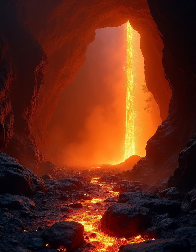 Eine beeindruckende Darstellung einer Höhle mit strömender Lava, die vom warmen, orangefarbenen Licht erleuchtet wird