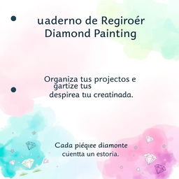 A beautifully designed cover for a "Cuaderno de Registro de Diamond Painting" featuring a soft gradient background with watercolor effects in gentle tones of aqua, green, pink, and violet