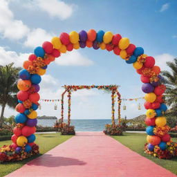 A vibrant and colorful arch design inspired by Philippine festivals, embellished with traditional decorations like banderitas (small flags), lanterns, and floral arrangements, set against a bright, sunny sky.