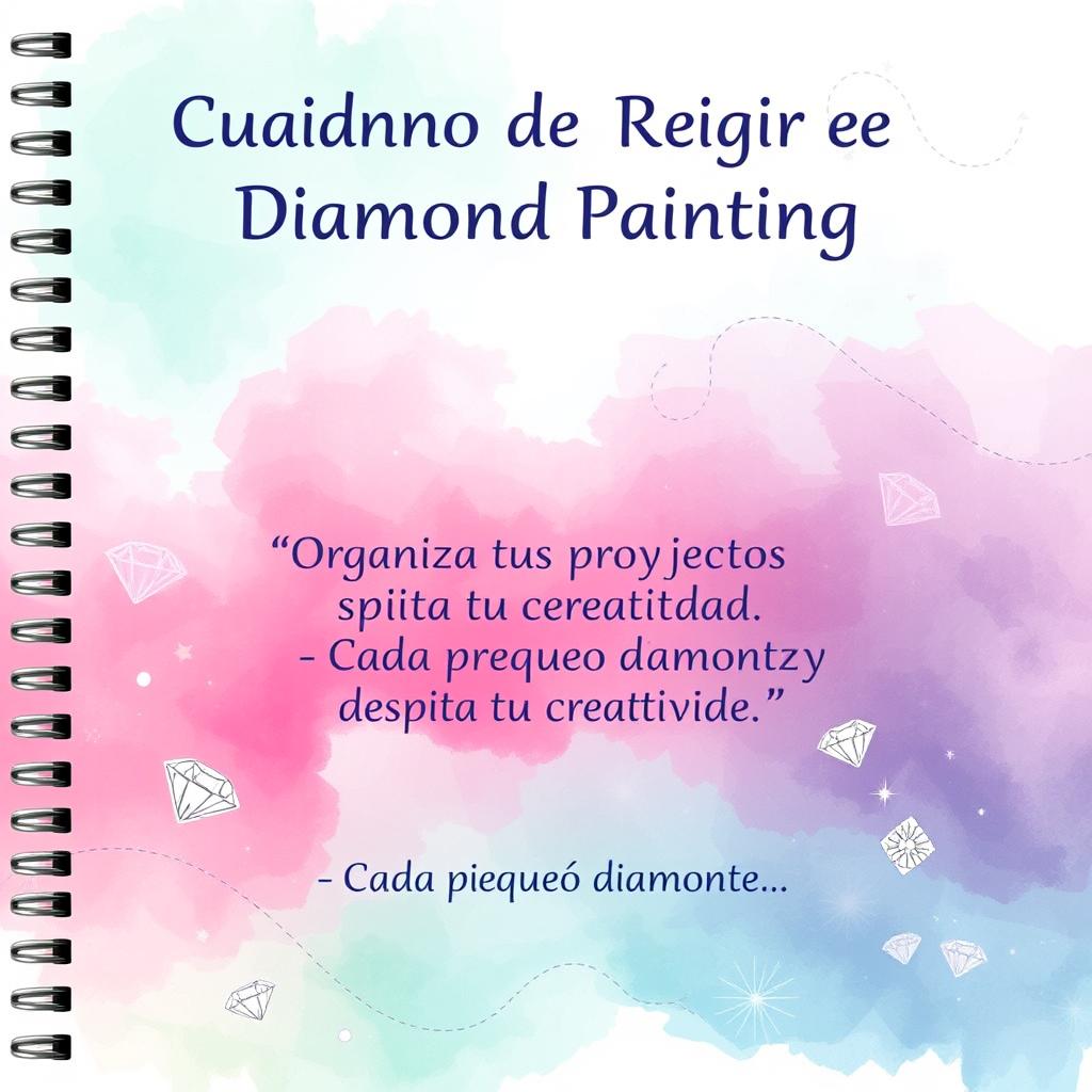 A beautifully designed cover for a "Cuaderno de Registro de Diamond Painting" featuring a soft gradient background with watercolor effects in gentle tones of aqua, green, pink, and violet