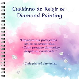 A beautifully designed cover for a "Cuaderno de Registro de Diamond Painting" featuring a soft gradient background with watercolor effects in gentle tones of aqua, green, pink, and violet