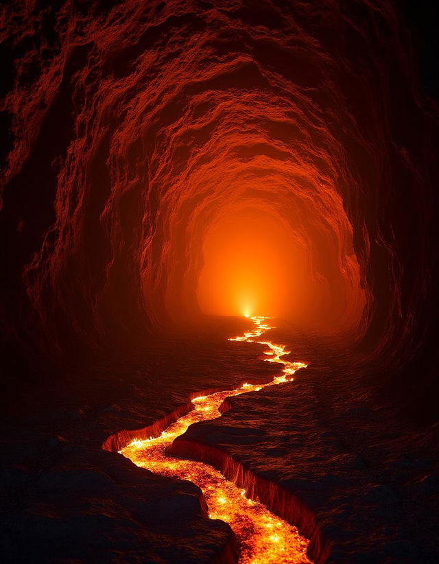 Eine faszinierende Höhle, ausgekleidet mit lebendiger Lava, die in strahlendem orangefarbenem Licht leuchtet