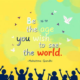 A vibrant 16:9 card design that showcases a famous quote by Mahatma Gandhi: "Be the change you wish to see in the world