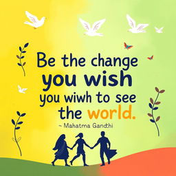 A vibrant 16:9 card design that showcases a famous quote by Mahatma Gandhi: "Be the change you wish to see in the world