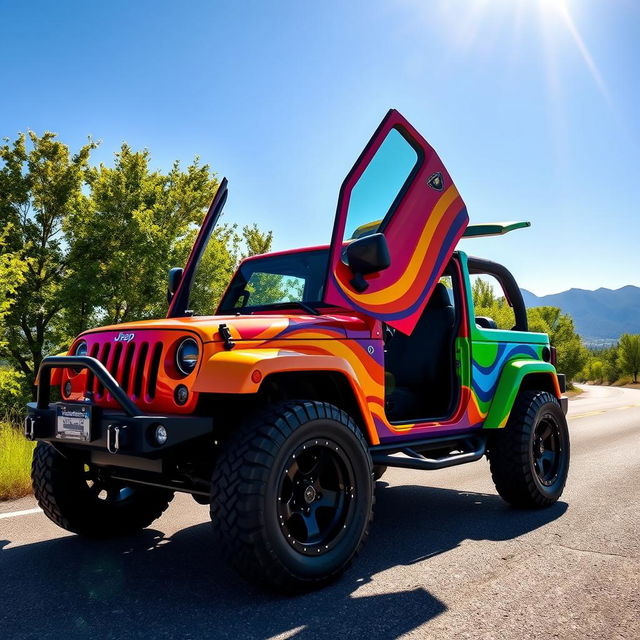 A vibrant rainbow-colored jeep with Lamborghini doors lifted open, showcasing an eye-catching design with swirling colors of red, orange, yellow, green, blue, and purple