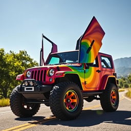 A vibrant rainbow-colored jeep with Lamborghini doors lifted open, showcasing an eye-catching design with swirling colors of red, orange, yellow, green, blue, and purple