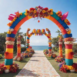 A vibrant and colorful arch design inspired by Philippine festivals, embellished with traditional decorations like banderitas (small flags), lanterns, and floral arrangements, set against a bright, sunny sky.