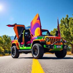 A vibrant rainbow-colored jeep with Lamborghini doors lifted open, showcasing an eye-catching design with swirling colors of red, orange, yellow, green, blue, and purple