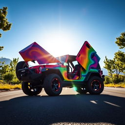 A vibrant rainbow-colored jeep with Lamborghini doors lifted open, showcasing an eye-catching design with swirling colors of red, orange, yellow, green, blue, and purple