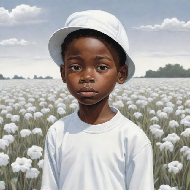 A compelling cartoon image of a somber African American boy clad in all white, laboring diligently on a field. His sadness, evident in his expression, depicts life's challenges.