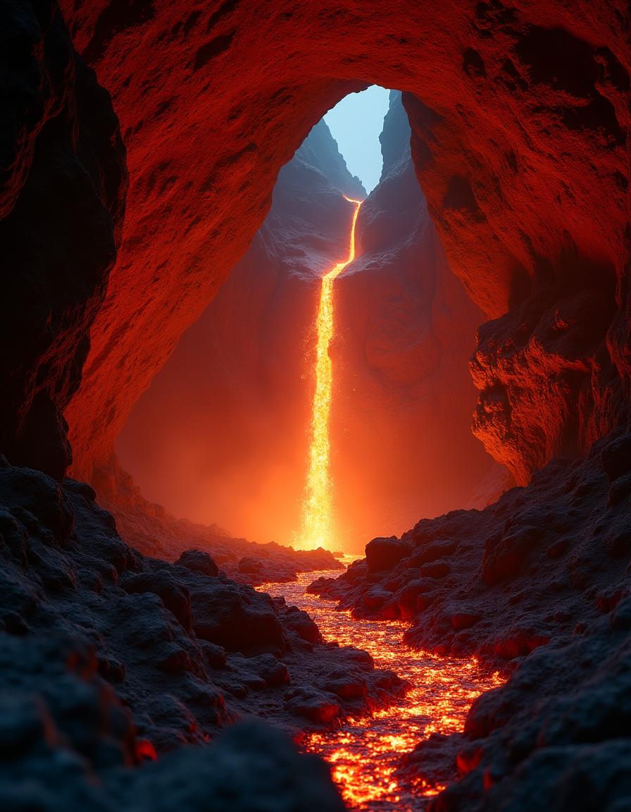 A dramatic image of a grotto featuring a roaring lava flow, surrounded by red and black rocky formations