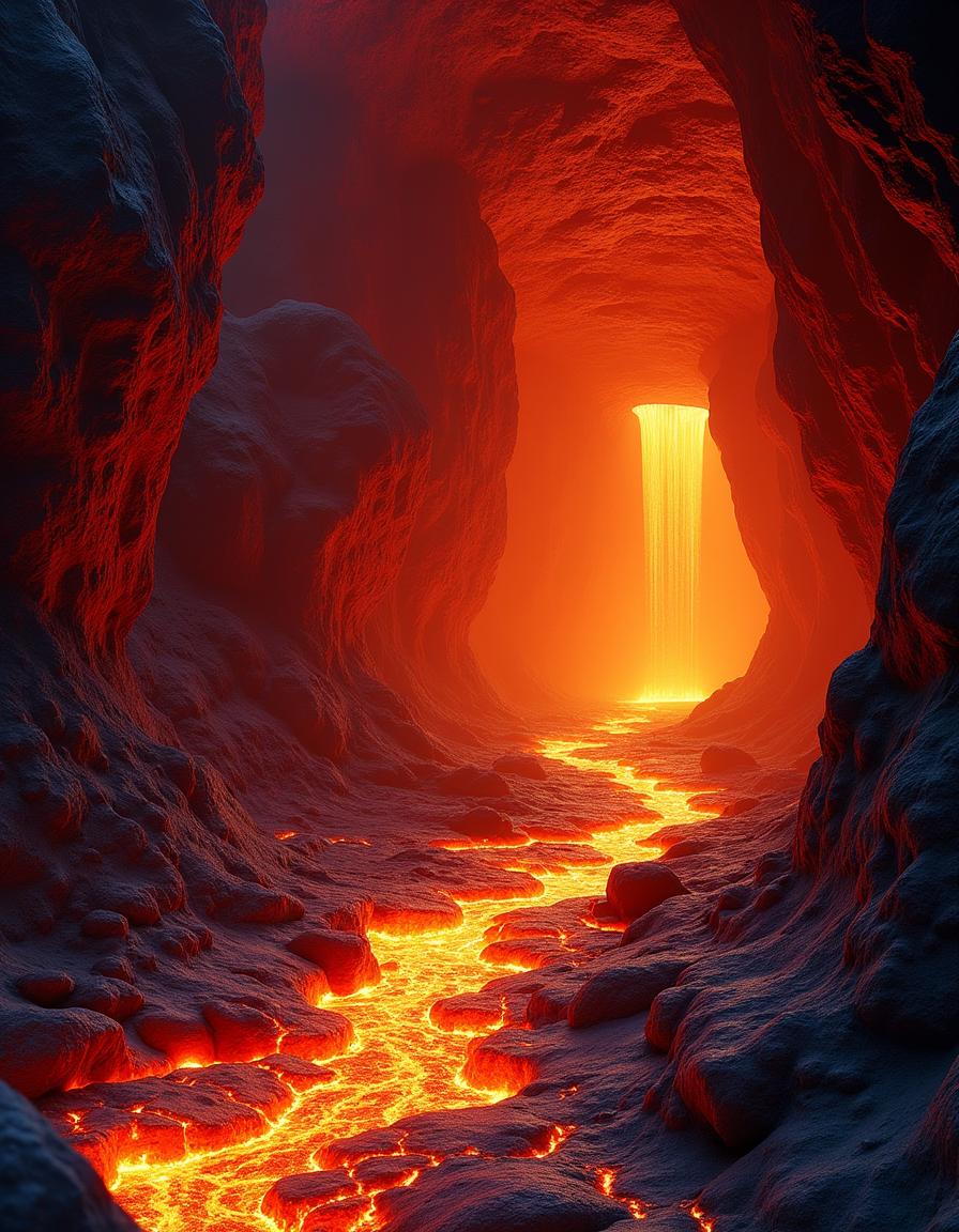 A stunning depiction of a rock cave, featuring glowing red rocks and a wide lava flow illuminated by warm orange light