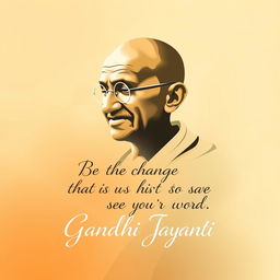 A vibrant 16:9 poster design for Gandhi Jayanti featuring a serene and dignified image of Mahatma Gandhi, portrayed in his traditional attire, with a peaceful expression