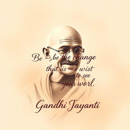 A vibrant 16:9 poster design for Gandhi Jayanti featuring a serene and dignified image of Mahatma Gandhi, portrayed in his traditional attire, with a peaceful expression