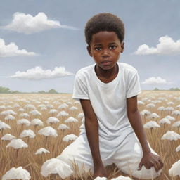 A compelling cartoon image of a somber African American boy clad in all white, laboring diligently on a field. His sadness, evident in his expression, depicts life's challenges.