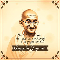 A vibrant 16:9 poster design for Gandhi Jayanti featuring a serene and dignified image of Mahatma Gandhi, portrayed in his traditional attire, with a peaceful expression