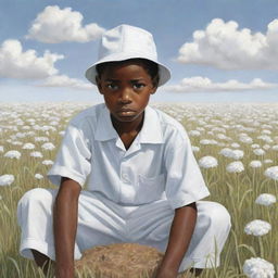 A compelling cartoon image of a somber African American boy clad in all white, laboring diligently on a field. His sadness, evident in his expression, depicts life's challenges.