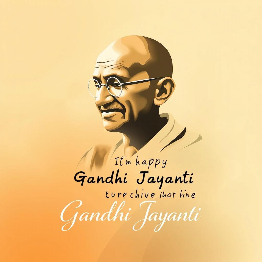 A warm and inviting 16:9 poster design for Gandhi Jayanti featuring a minimalist and artistic illustration of Mahatma Gandhi, with a gentle smile and his signature round glasses