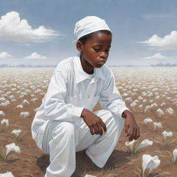 A compelling cartoon image of a somber African American boy clad in all white, laboring diligently on a field. His sadness, evident in his expression, depicts life's challenges.