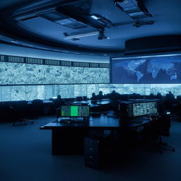 The expansive desk in the SWAT Control Room, filled with numerous screens displaying real-time data, strategic maps, and intricate communications equipment.