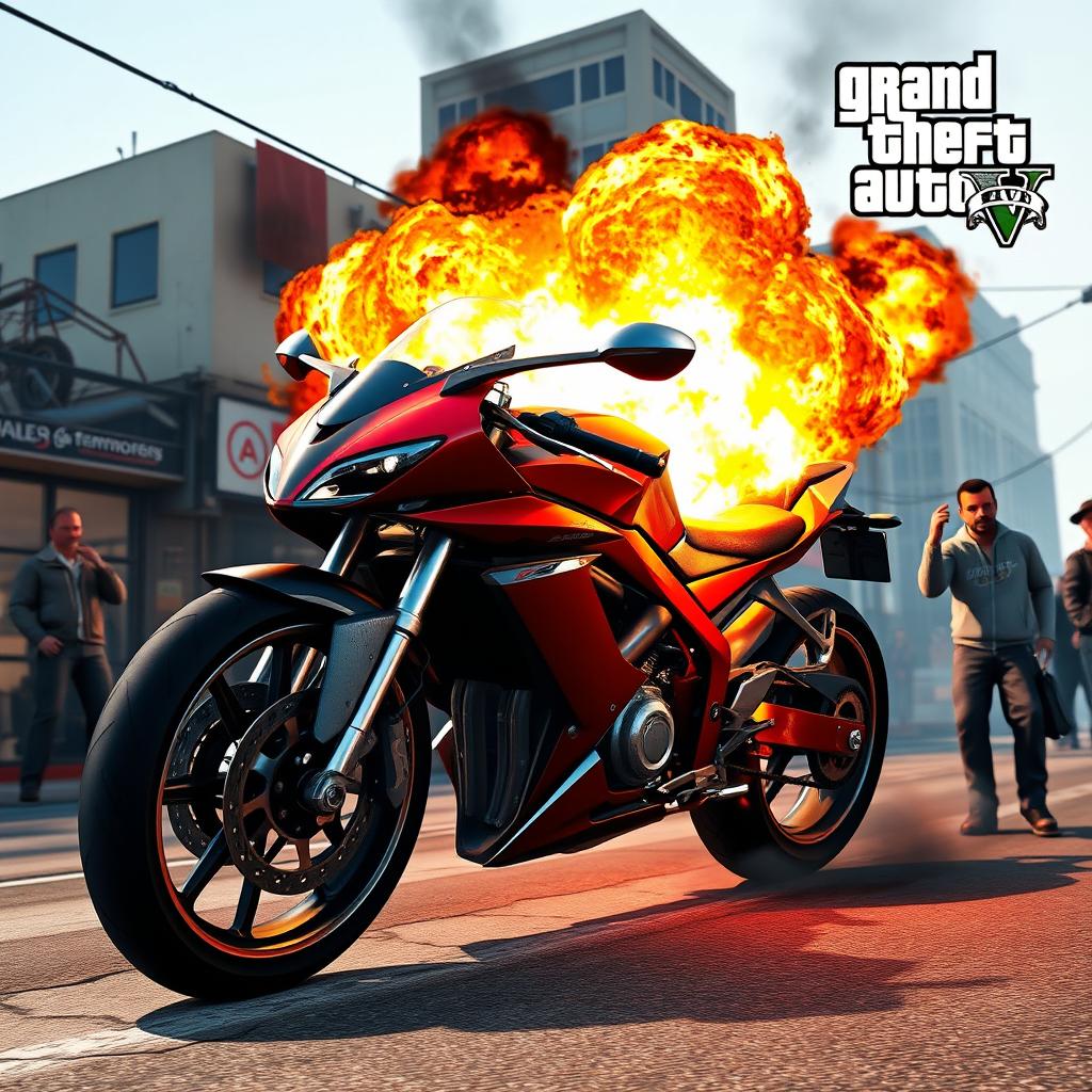 An intense and dynamic scene depicting a motorcycle exploding in Grand Theft Auto V