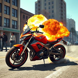 An intense and dynamic scene depicting a motorcycle exploding in Grand Theft Auto V