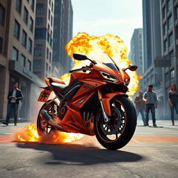 An intense and dynamic scene depicting a motorcycle exploding in Grand Theft Auto V