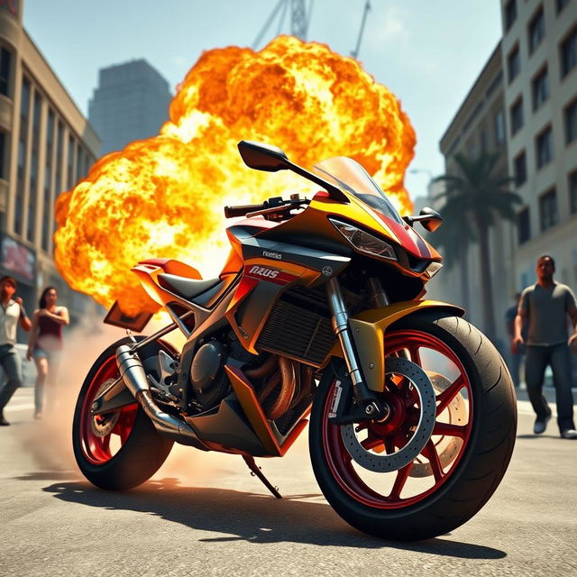 An intense and dynamic scene depicting a motorcycle exploding in Grand Theft Auto V